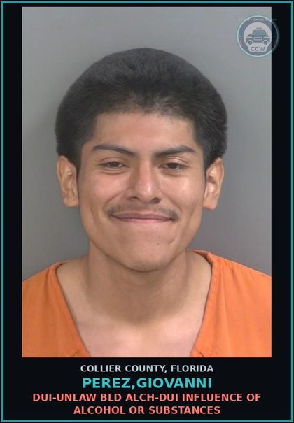 CCW arrest card for PEREZ,GIOVANNI in Collier County: DUI-UNLAW BLD ALCH-DUI INFLUENCE OF ALCOHOL OR DRUGS