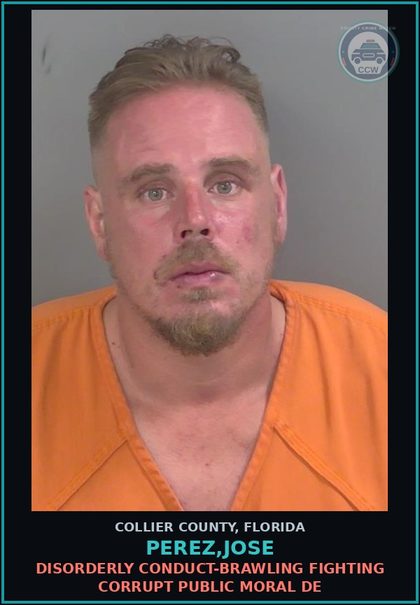 CCW arrest card for PEREZ,JOSE in Collier County: DISORDERLY CONDUCT-BRAWLING FIGHTING CORRUPT PUBLIC MORAL DE