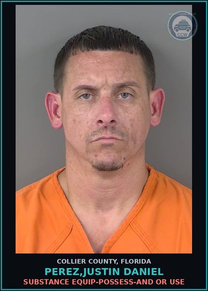 CCW arrest card for PEREZ,JUSTIN DANIEL in Collier County: DRUG EQUIP-POSSESS-AND OR USE