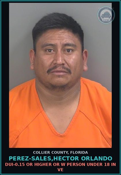 CCW arrest card for PEREZ-SALES,HECTOR ORLANDO in Collier County: DUI-0.15 OR HIGHER OR W PERSON UNDER 18 IN VE