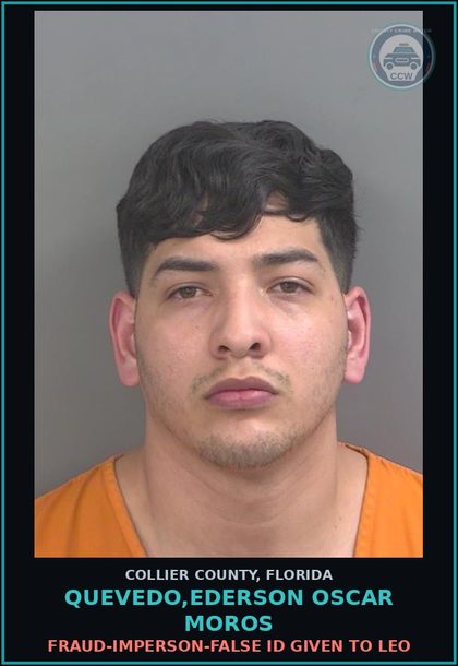 CCW arrest card for QUEVEDO,EDERSON OSCAR MOROS in Collier County: POSSESS LT 20 GRAMS Canna