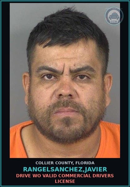 CCW arrest card for RANGELSANCHEZ,JAVIER in Collier County: DRIVE WO VALID COMMERCIAL DRIVERS LICENSE