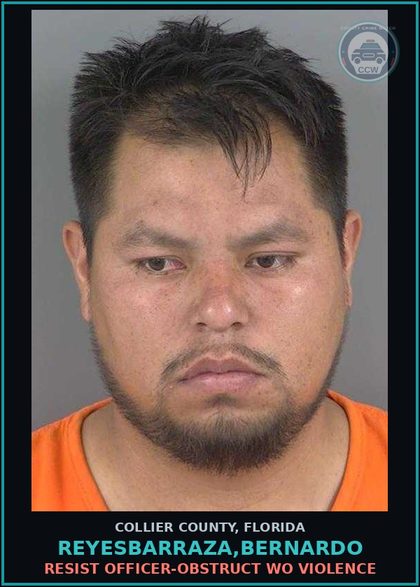 CCW arrest card for REYESBARRAZA,BERNARDO in Collier County: RESIST OFFICER-OBSTRUCT WO VIOLENCE