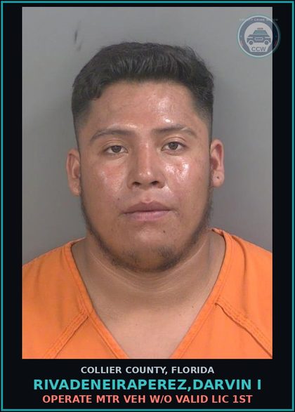 CCW arrest card for RIVADENEIRAPEREZ,DARVIN I in Collier County: OPERATE MTR VEH W/O VALID LIC 1ST