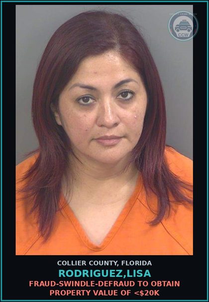 CCW arrest card for RODRIGUEZ,LISA in Collier County: FRAUD-SWINDLE-DEFRAUD TO OBTAIN PROPERTY VALUE OF <$20K