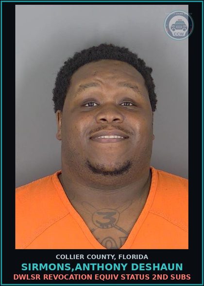 CCW arrest card for SIRMONS,ANTHONY DESHAUN in Collier County: DWLSR REVOCATION EQUIV STATUS 2ND SUBS