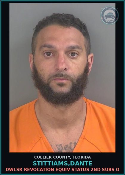CCW arrest card for STITTIAMS,DANTE in Collier County: DWLSR REVOCATION EQUIV STATUS 2ND SUBS O