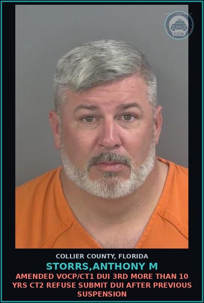 CCW arrest card for STORRS,ANTHONY M in Collier County: AMENDED VOCP/CT1 DUI 3RD MORE THAN 10 YRS CT2 REFUSE SUBMIT DUI AFTER PREVIOUS SUSPENSION