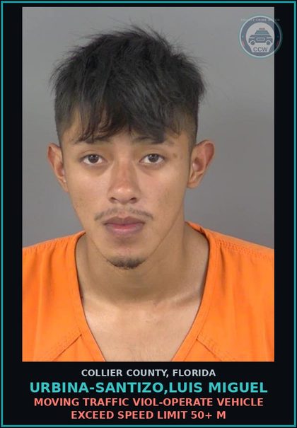 CCW arrest card for URBINA-SANTIZO,LUIS MIGUEL in Collier County: MOVING TRAFFIC VIOL-OPERATE VEHICLE EXCEED SPEED LIMIT 50+ M