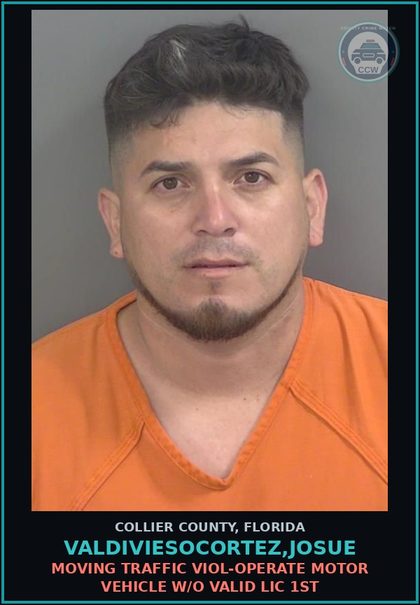 CCW arrest card for VALDIVIESOCORTEZ,JOSUE in Collier County: MOVING TRAFFIC VIOL-OPERATE MOTOR VEHICLE W/O VALID LIC 1ST