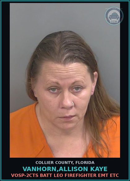 CCW arrest card for VANHORN,ALLISON KAYE in Collier County: VOSP-2CTS BATT LEO FIREFIGHTER EMT ETC
