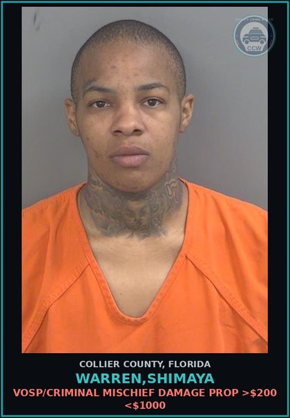 CCW arrest card for WARREN,SHIMAYA in Collier County: VOSP/CRIMINAL MISCHIEF DAMAGE PROP >$200 <$1000