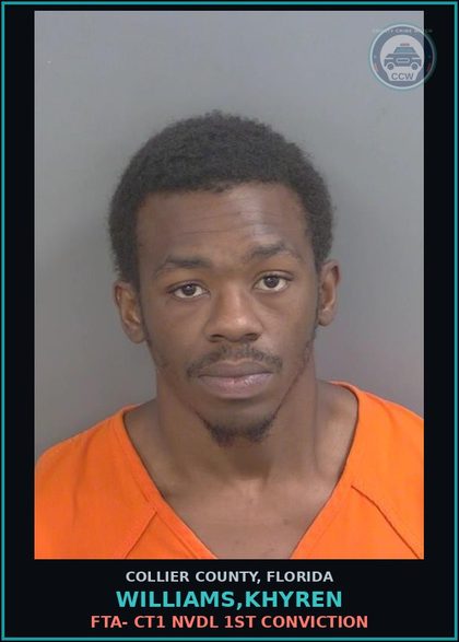CCW arrest card for WILLIAMS,KHYREN in Collier County: FTA- CT1 NVDL 1ST CONVICTION