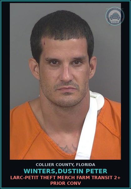CCW arrest card for WINTERS,DUSTIN PETER in Collier County: LARC-PETIT THEFT MERCH FARM TRANSIT 2+ PRIOR CONV