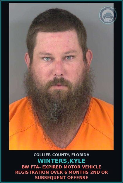 CCW arrest card for WINTERS,KYLE in Collier County: BW FTA- EXPIRED MOTOR VEHICLE REGISTRATION OVER 6 MONTHS 2ND OR SUBSEQUENT OFFENSE