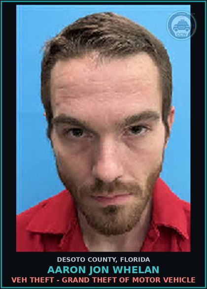 CCW arrest card for Aaron Jon Whelan in DeSoto County: VEH THEFT - GRAND THEFT OF MOTOR VEHICLE