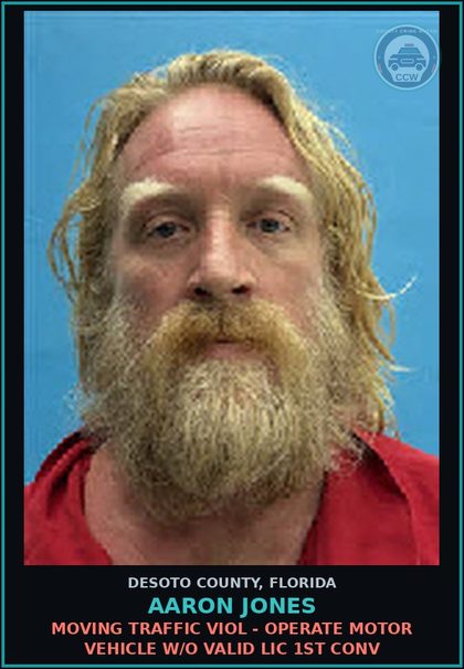 CCW arrest card for Aaron Jones in DeSoto County: MOVING TRAFFIC VIOL - OPERATE MOTOR VEHICLE W/O VALID LIC 1ST CONV