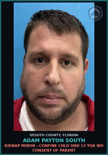 CCW arrest card for Adam Payton South in DeSoto County: KIDNAP MINOR - CONFINE chld UND 13 YOA WO CONSENT OF PARENT