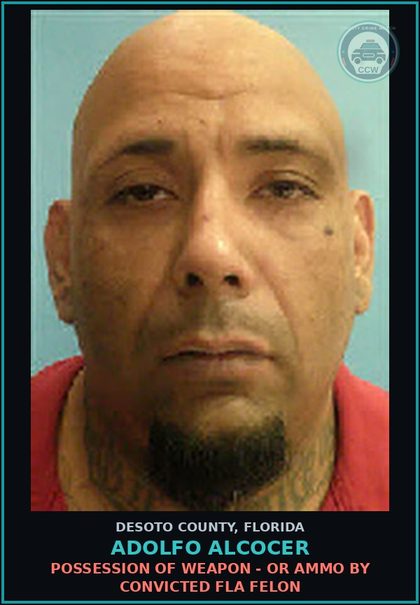 CCW arrest card for Adolfo Alcocer in DeSoto County: POSSESSION OF WEAPON - OR AMMO BY CONVICTED FLA FELON