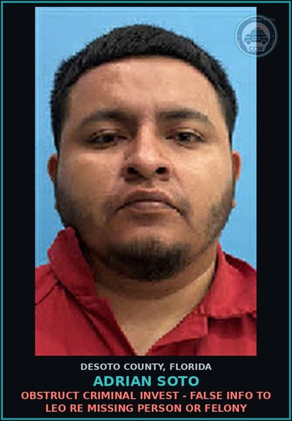 CCW arrest card for Adrian Soto in DeSoto County: CONSERVATION-ANIMALS - SELL POSS USE ANIMAL TO FIGHT OR BAIT