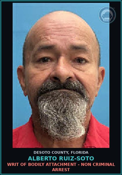 CCW arrest card for Alberto Ruiz-Soto in DeSoto County: WRIT OF BODILY ATTACHMENT - NON CRIMINAL ARREST