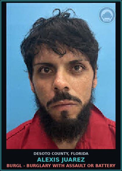 CCW arrest card for Alexis Juarez in DeSoto County: BURGL - BURGLARY WITH ASSAULT OR BATTERY