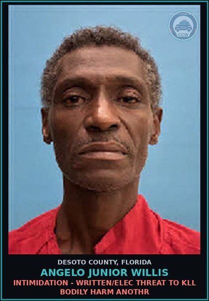 CCW arrest card for Angelo Junior Willis in DeSoto County: INTIMIDATION - WRITTEN/ELEC THREAT TO KILL BODILY HARM ANOTHR