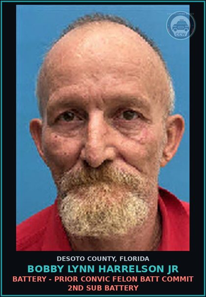 CCW arrest card for Bobby Lynn Harrelson Jr in DeSoto County: BATTERY - PRIOR CONVIC FELON BATT COMMIT 2ND SUB BATTERY