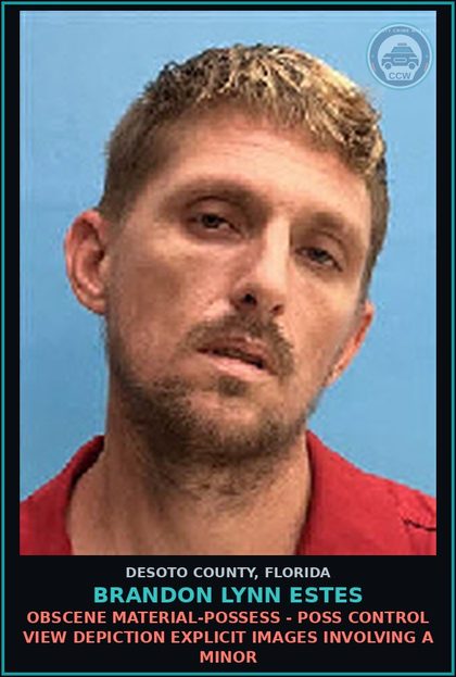 CCW arrest card for Brandon Lynn Estes in DeSoto County: OBSCENE MATERIAL-POSSESS - POSS CONTROL VIEW DEPICTION chld PORNOGRAPHY