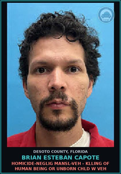 CCW arrest card for Brian Esteban Capote in DeSoto County: HOMICIDE-NEGLIG MANSL-VEH - KILLING OF HUMAN BEING OR UNBORN chld W VEH