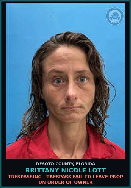 CCW arrest card for Brittany Nicole Lott in DeSoto County: TRESPASSING - TRESPASS FAIL TO LEAVE PROP ON ORDER OF OWNER