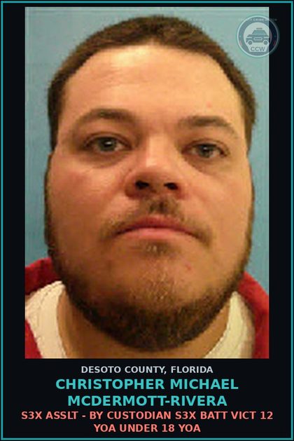 CCW arrest card for Christopher Michael McDermott-Rivera in DeSoto County: s3x ASSLT - BY CUSTODIAN s3x BATT VICT 12 YOA UNDER 18 YOA
