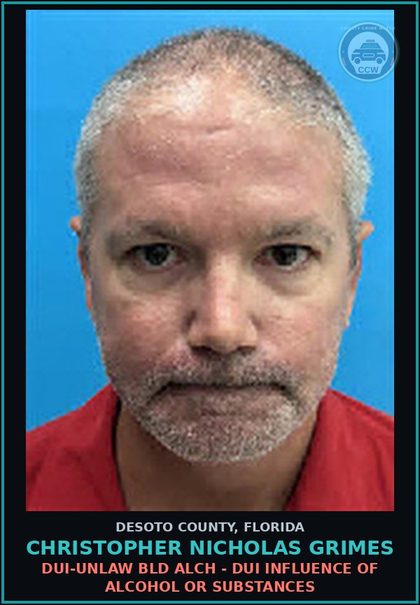 CCW arrest card for Christopher Nicholas Grimes in DeSoto County: DUI-UNLAW BLD ALCH - DUI INFLUENCE OF ALCOHOL OR DRUGS
