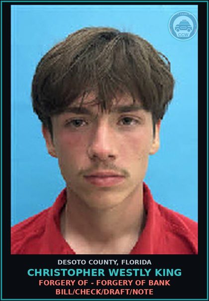 CCW arrest card for Christopher Westly King in DeSoto County: FORGERY OF - FORGERY OF BANK BILL/CHECK/DRAFT/NOTE