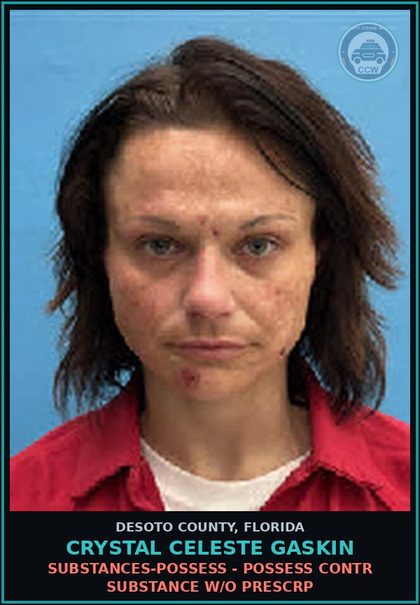 CCW arrest card for Crystal Celeste Gaskin in DeSoto County: DRUGS-POSSESS - POSSESS contr substance W/O PRESCRIPTION