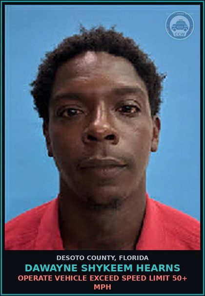 CCW arrest card for Dawayne Shykeem Hearns in DeSoto County: OPERATE VEHICLE EXCEED SPEED LIMIT 50+ MPH