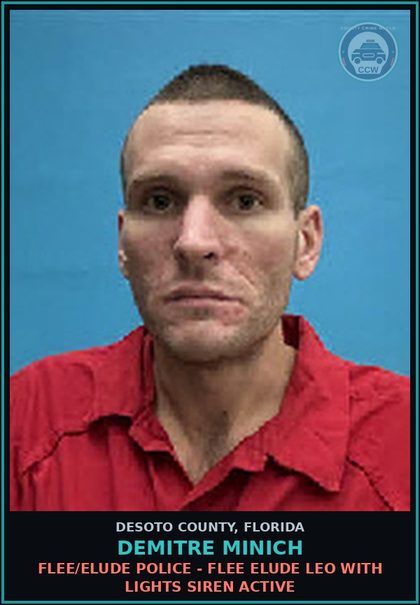CCW arrest card for Demitre Minich in DeSoto County: FLEE/ELUDE POLICE - FLEE ELUDE LEO WITH LIGHTS SIREN ACTIVE