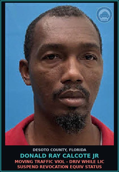 CCW arrest card for Donald Ray Calcote Jr in DeSoto County: MOVING TRAFFIC VIOL - DRIV WHILE LIC SUSPEND REVOCATION EQUIV STATUS