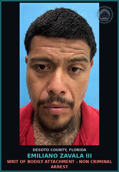 CCW arrest card for Emiliano Zavala III in DeSoto County: WRIT OF BODILY ATTACHMENT - NON CRIMINAL ARREST