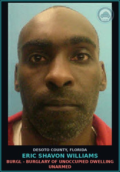 CCW arrest card for Eric Shavon Williams in DeSoto County: BURGL - BURGL UNOCCUPIED STRUCTURE STATE EMERG/RIOT