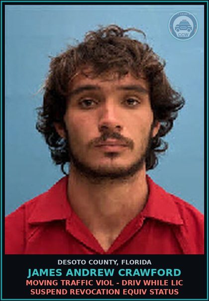 CCW arrest card for James Andrew Crawford in DeSoto County: MOVING TRAFFIC VIOL - DRIV WHILE LIC SUSPEND REVOCATION EQUIV STATUS