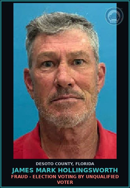 CCW arrest card for James Mark Hollingsworth in DeSoto County: FRAUD - ELECTION VOTING BY UNQUALIFIED VOTER