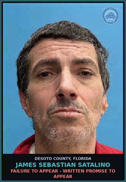 CCW arrest card for James Sebastian Satalino in DeSoto County: FAILURE TO APPEAR - WRITTEN PROMISE TO APPEAR