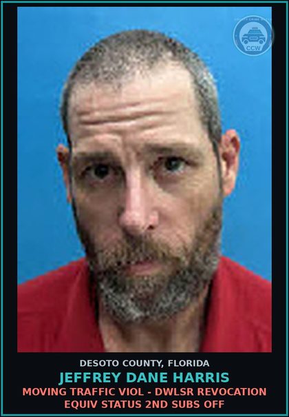 CCW arrest card for Jeffrey Dane Harris in DeSoto County: MOVING TRAFFIC VIOL - DWLSR REVOCATION EQUIV STATUS 2ND SUBS OFF