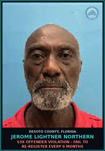 CCW arrest card for Jerome Lightner Northern in DeSoto County: s3x OFFENDER VIOLATION - FAIL TO RE-REGISTER EVERY 6 MONTHS