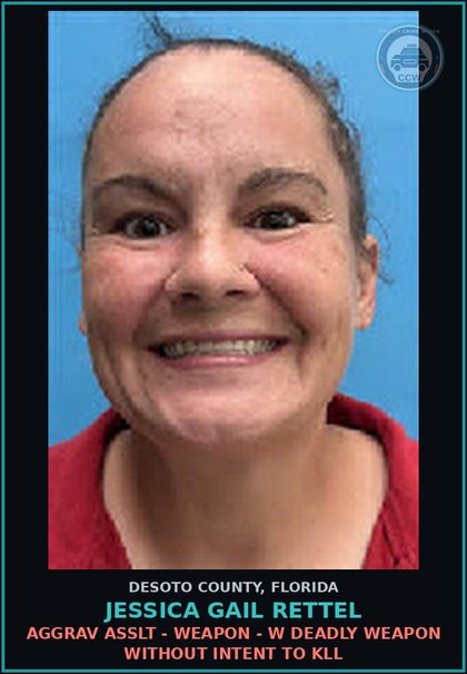 CCW arrest card for Jessica Gail Rettel in DeSoto County: AGGRAV ASSLT - WEAPON - W DEADLY WEAPON WITHOUT INTENT TO KILL