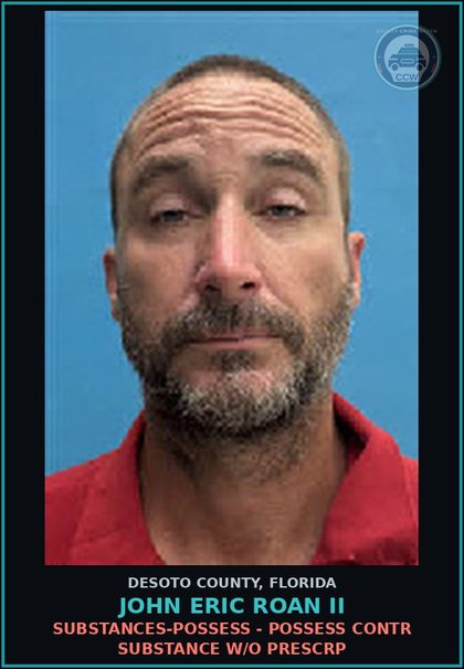 CCW arrest card for John Eric Roan II in DeSoto County: DRUGS-POSSESS - POSSESS contr substance W/O PRESCRIPTION