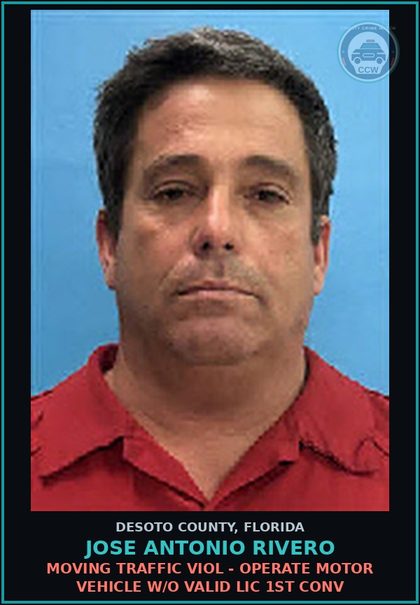 CCW arrest card for Jose Antonio Rivero in DeSoto County: MOVING TRAFFIC VIOL - OPERATE MOTOR VEHICLE W/O VALID LIC 1ST CONV