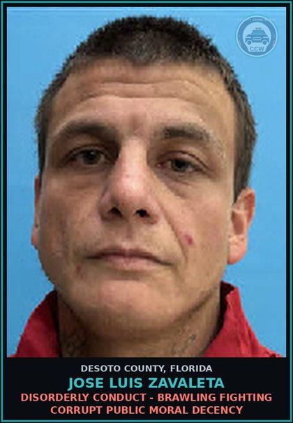 CCW arrest card for Jose Luis Zavaleta in DeSoto County: DISORDERLY CONDUCT - BRAWLING FIGHTING CORRUPT PUBLIC MORAL DECENCY