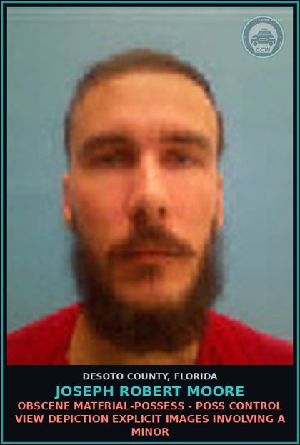 CCW arrest card for Joseph Robert Moore in DeSoto County: OBSCENE MATERIAL-POSSESS - POSS CONTROL VIEW DEPICTION chld PORNOGRAPHY